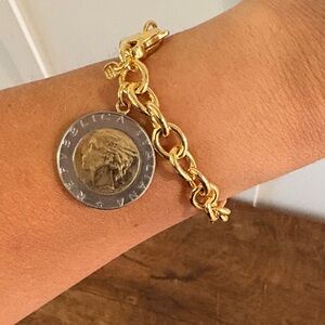 Gold and Silver Charm on 14K Gold Plated Bracelet